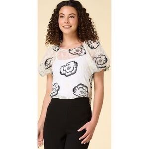 Laundry By Shelli Segal Floral Lace Puff Sleeve Blouse - White and Black